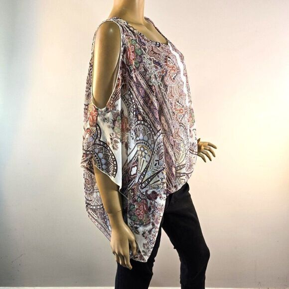 Karen Kane Floral Paisley Scarf Top Cold Shoulder Sz L Pullover Blouse USA Made - Picture 5 of 10